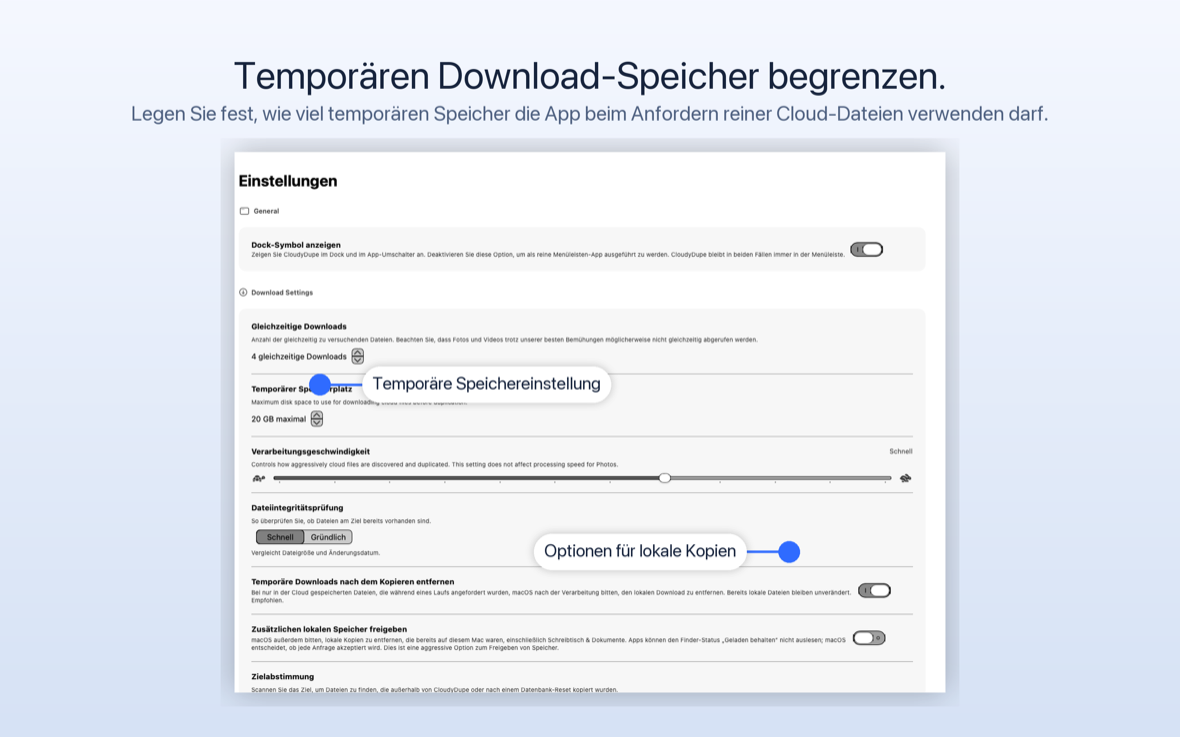 CloudyDupe-Einstellungen zeigen gleichzeitige Downloads, temporären Speicherplatz, Verarbeitungsgeschwindigkeit, Dateiintegritätsprüfung und lokale Speicherplatzoptionen an.
