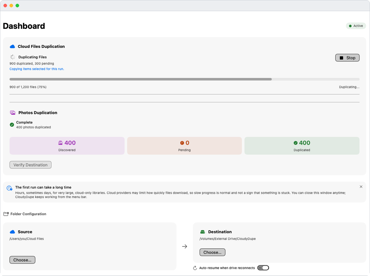 CloudyDupe copying files, showing 900 duplicated of 1,200 and a progress bar at 75 percent.