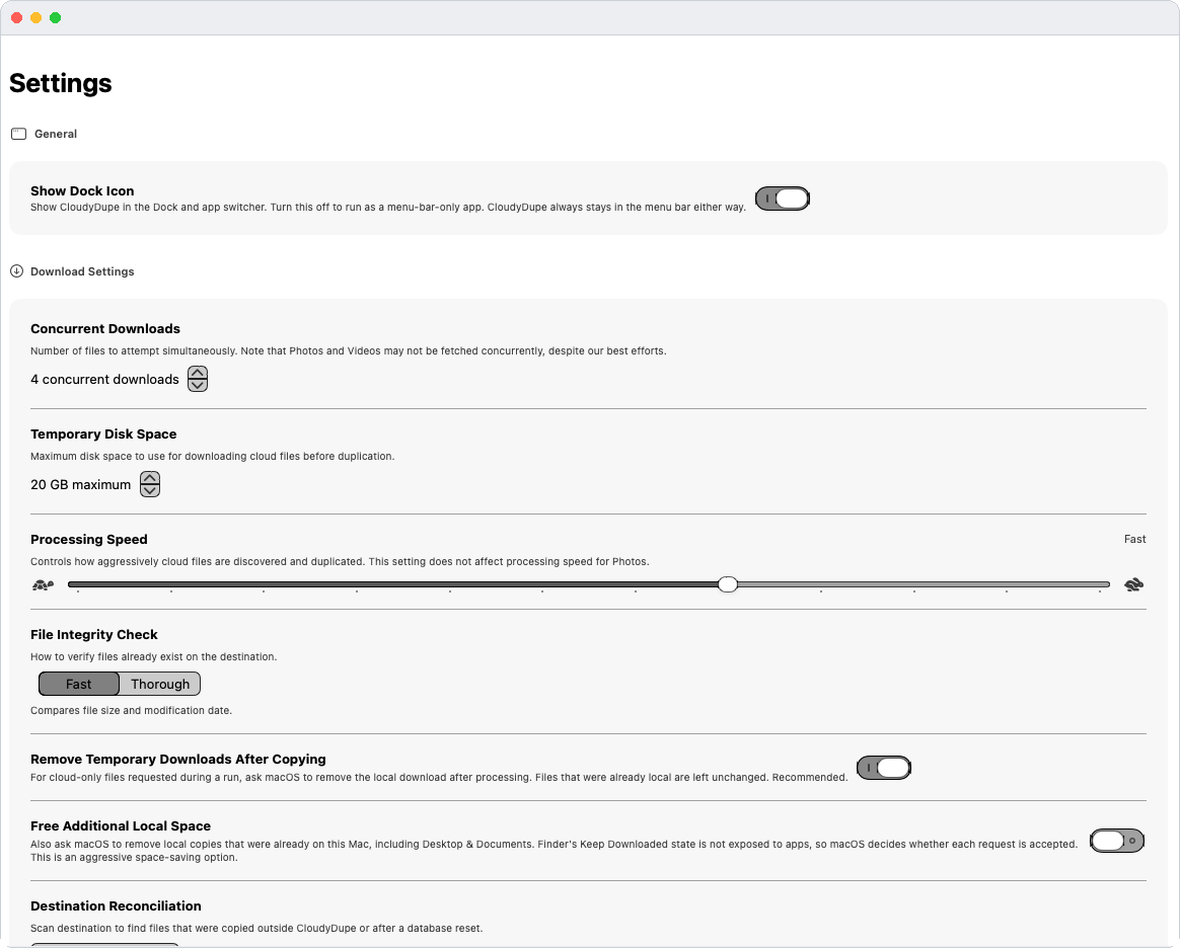 CloudyDupe settings showing concurrent downloads, temporary disk space, processing speed, file integrity check and local space options.