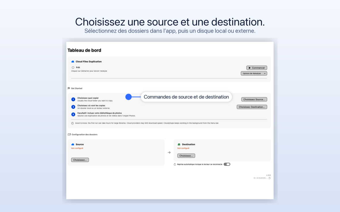 La liste de contrôle de démarrage CloudyDupe avec les étapes pour choisir une source, une destination et éventuellement inclure des photos.