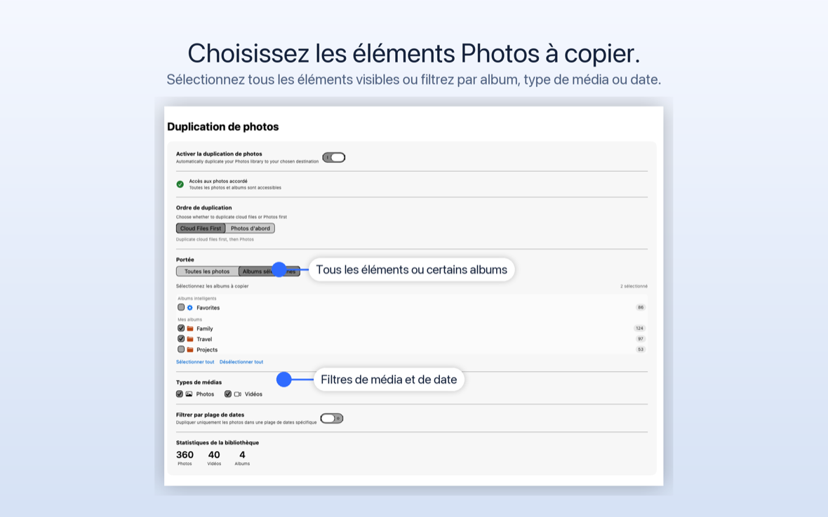 L'onglet Photos CloudyDupe avec sélection d'album, cases à cocher de type de média, filtre de plage de dates et statistiques de bibliothèque.