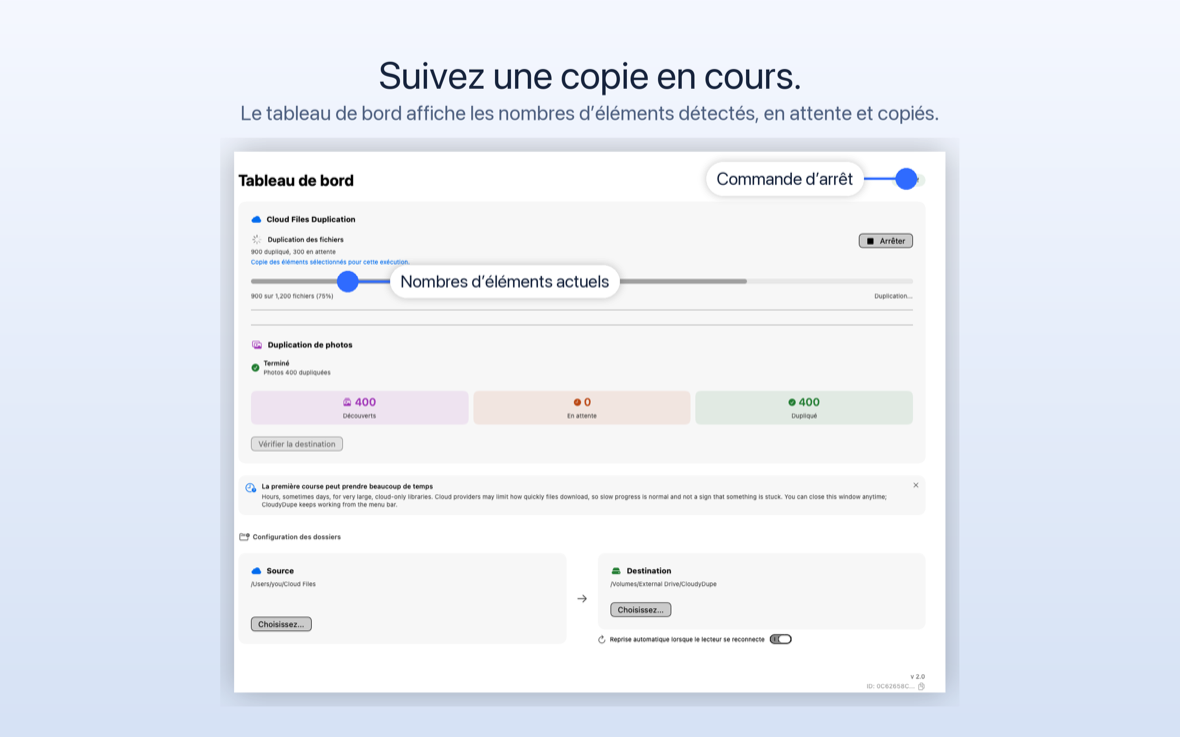 CloudyDupe copie de fichiers, affichant 900 dupliqués sur 1 200 et une barre de progression à 75 %.