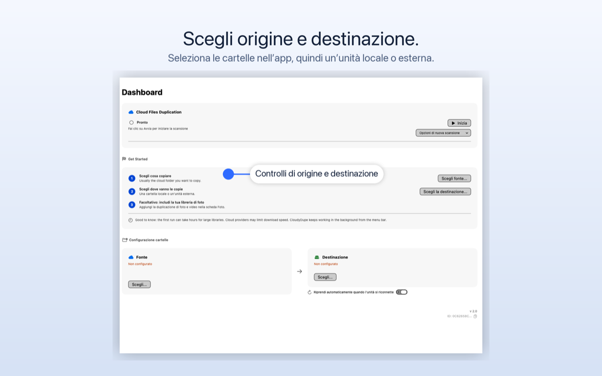 Elenco di controllo iniziale CloudyDupe con passaggi per la scelta di un'origine, una destinazione e, facoltativamente, l'inclusione di foto.
