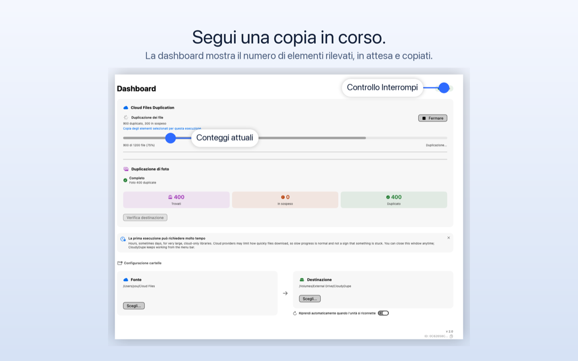 CloudyDupe copia di file, che mostra 900 duplicati su 1.200 e una barra di avanzamento al 75%.