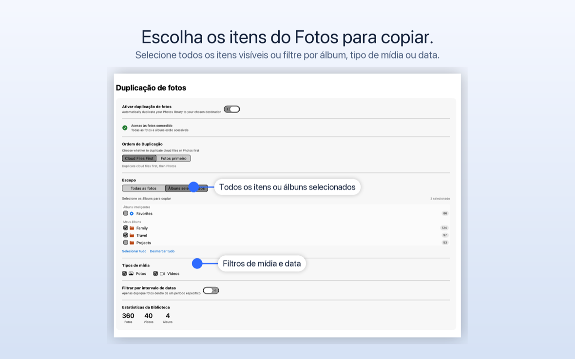 A guia Fotos CloudyDupe com seleção de álbum, caixas de seleção de tipo de mídia, filtro de intervalo de datas e estatísticas de biblioteca.